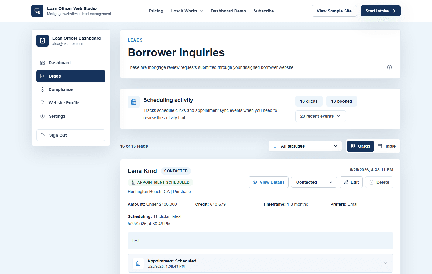 Sample lead management dashboard with borrower inquiries and follow-up tools