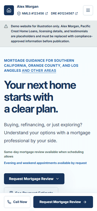 Mobile mortgage website for independent loan officers and mortgage brokers